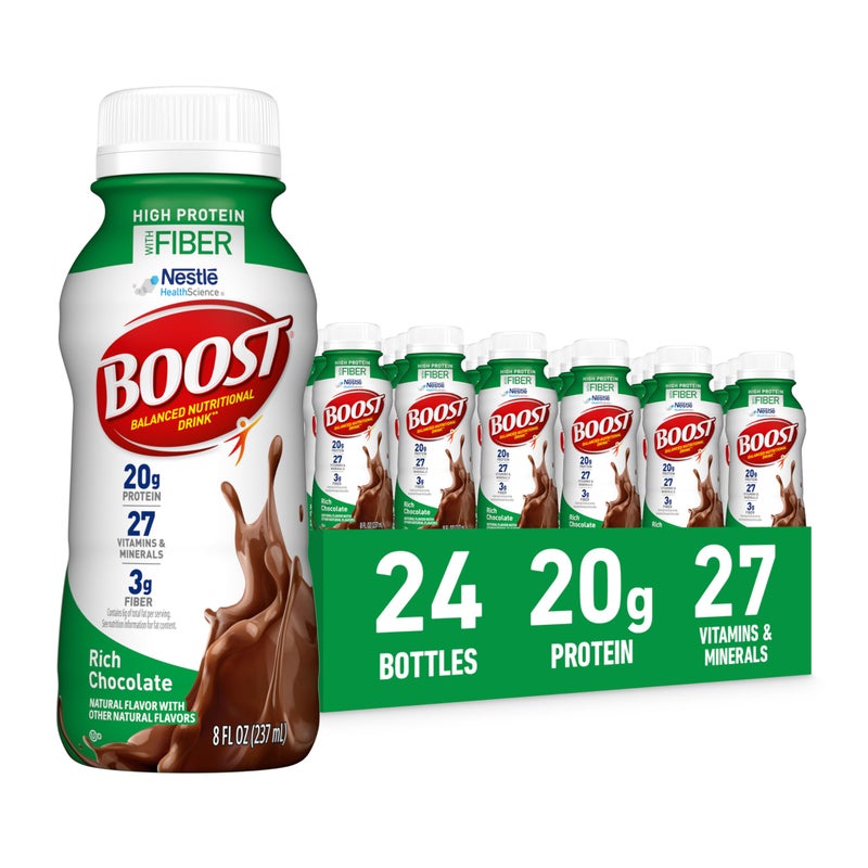 BOOST High Protein with Fiber Ready to Drink Complete Nutritional Drink, Rich Chocolate, 8 fl oz Bottle, 24 Pack - Image 1